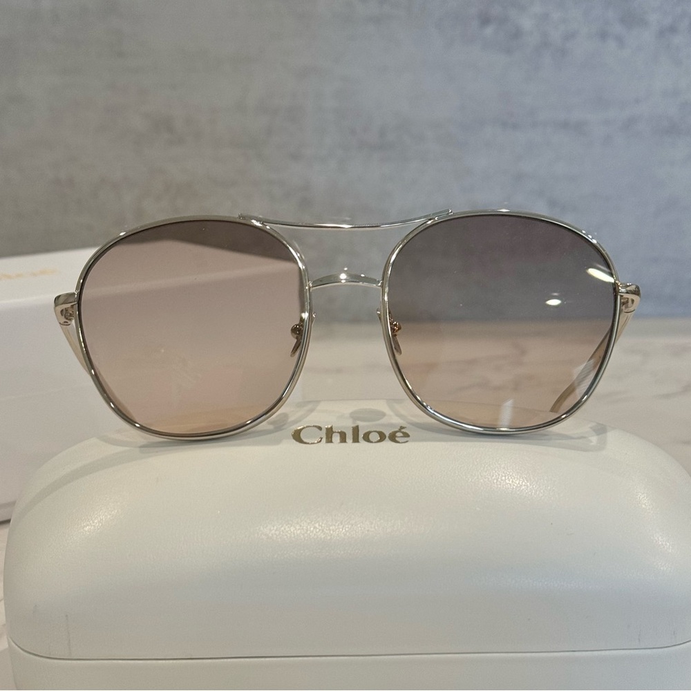 New, Unworn Chloé Nola Sunglasses: Gold Metal with Grey/Khaki Lenses